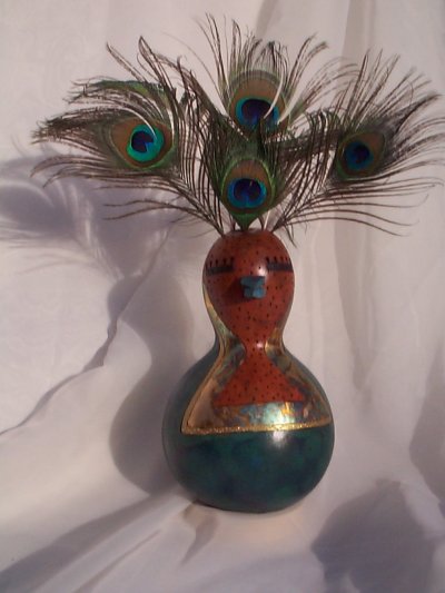 Bird with Peacock Feather Headdress Embellished Gourd